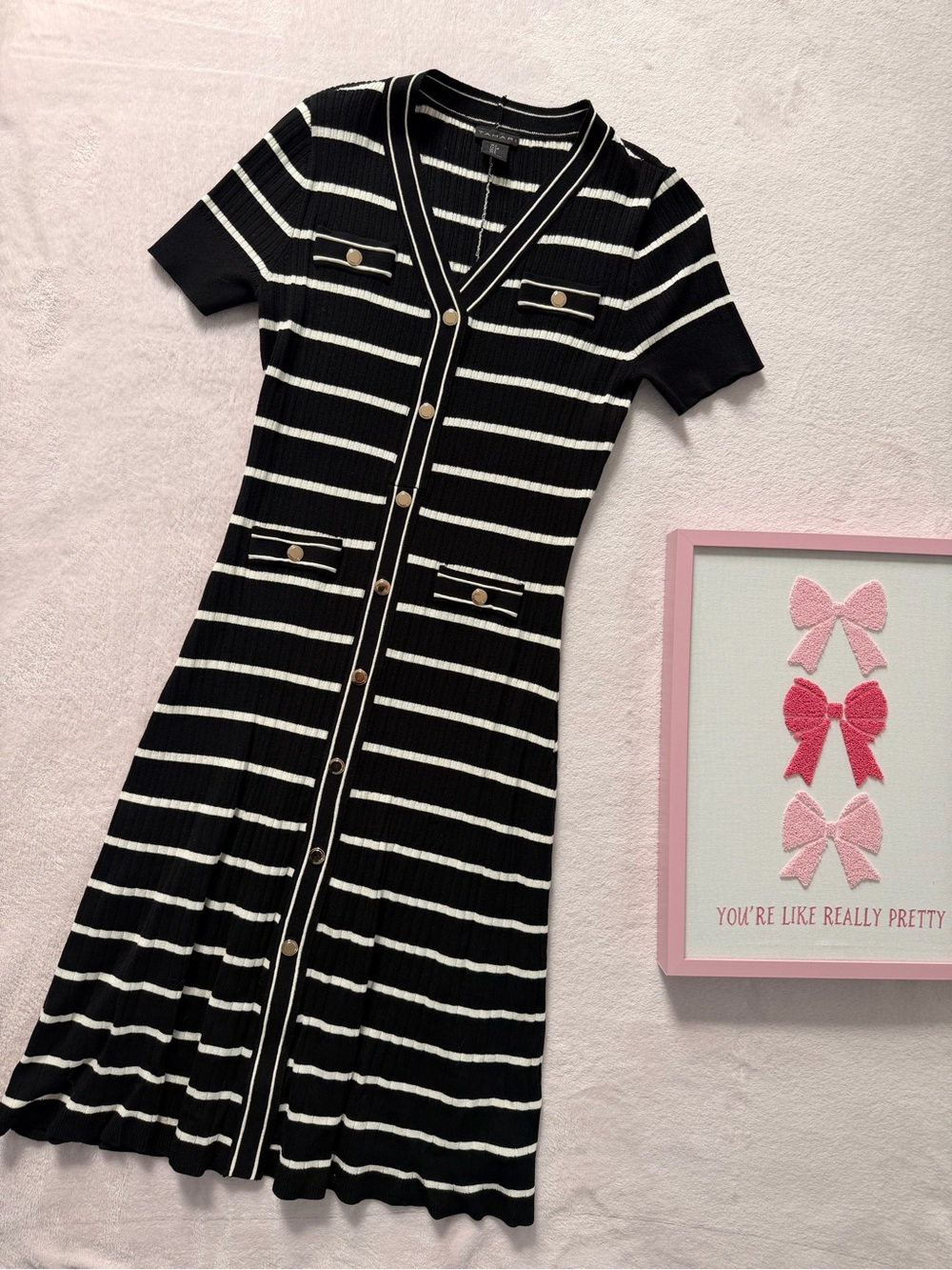 Tahari Black and White Striped Knit Button-Front Midi Dress